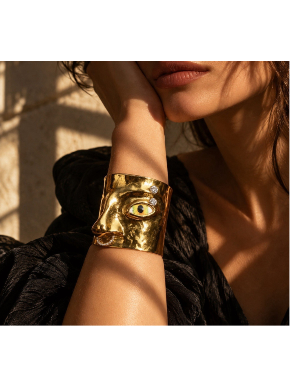 Evil Eye Bracelet Gold Surreal Mystical Crystal Cuff Statement Face Schiaparelli